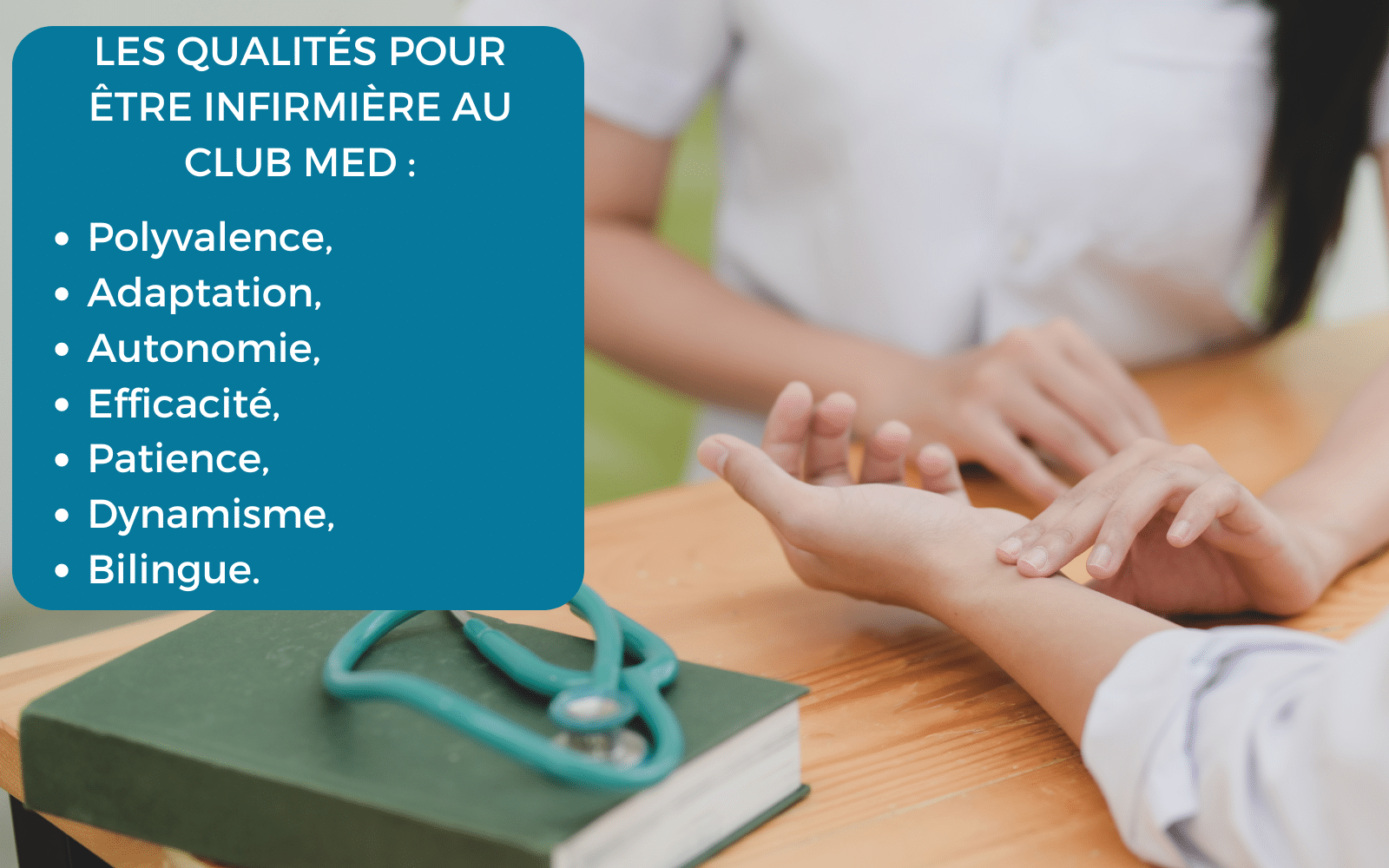 image d'une infirmière club med qui prend le pouls à un patient