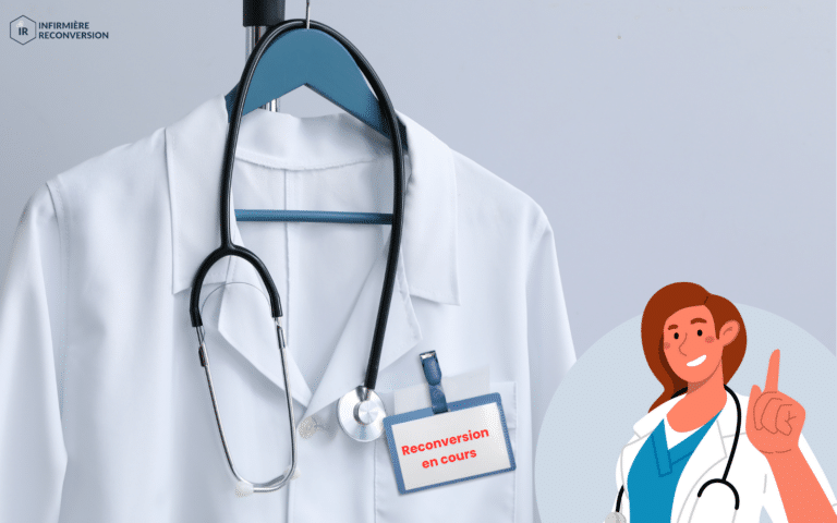 visuel : blouse d'infirmière sur un cintre et infirmière heureuse