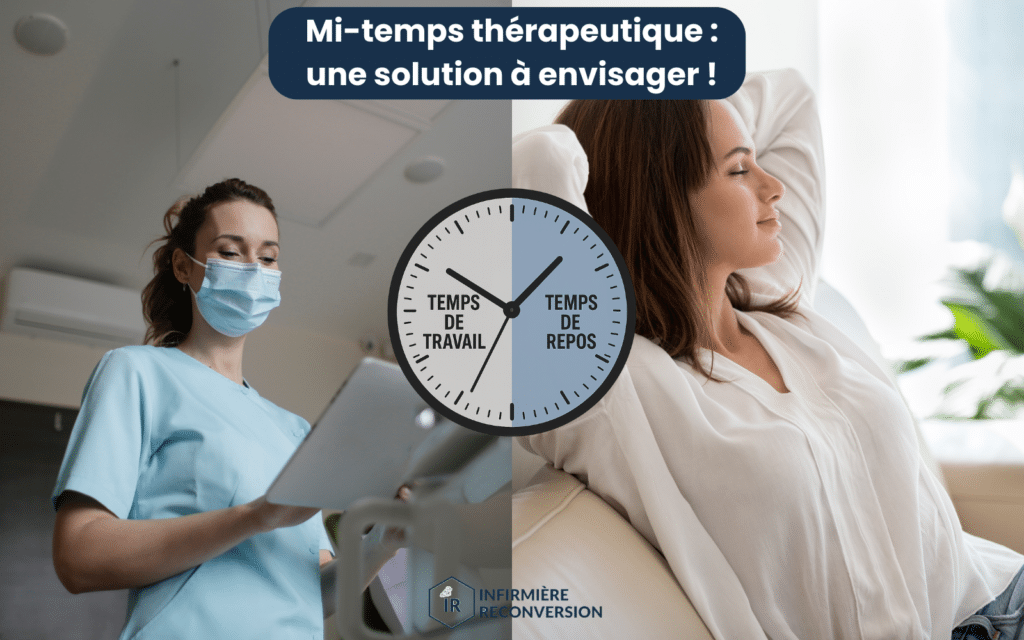image illustrant le mi-temps thérapeutique après un burn out avec une infirmière qui se repose et une qui travaille. L'horloge centrale sépare le temps de la journée