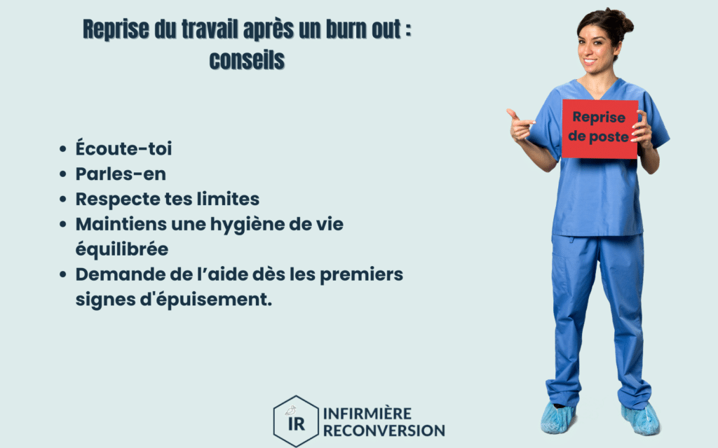 image d'une infirmière qui reprend le travail après un burn out et encart avec des conseils
