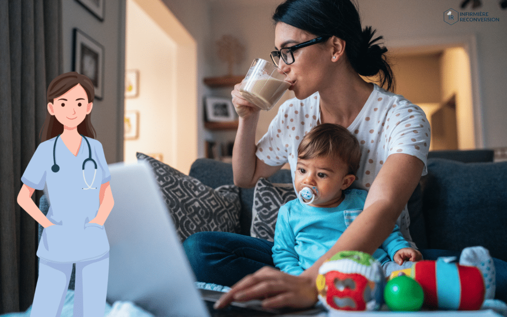 infirmière mère de famille en train de travailler avec son enfant