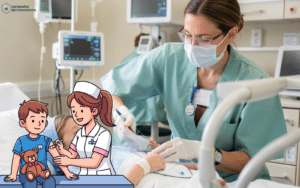 infirmière en pédiatrie faisant des soins à un enfant