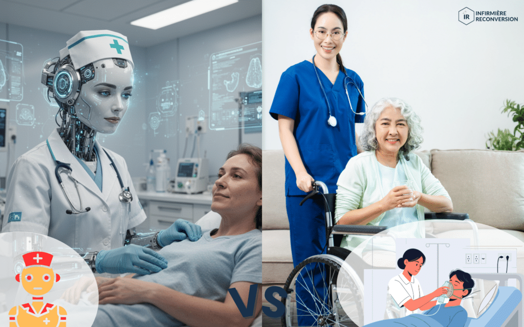 2 imagfes d'avenirs possibles pour le métier d'infirmière: les robots et l'infirmière humaine à compétente