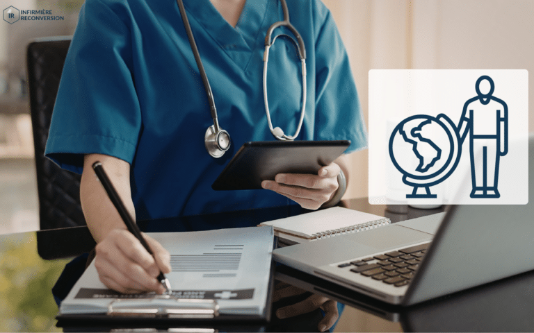 infirmière de rapatriement devant son poste de travail