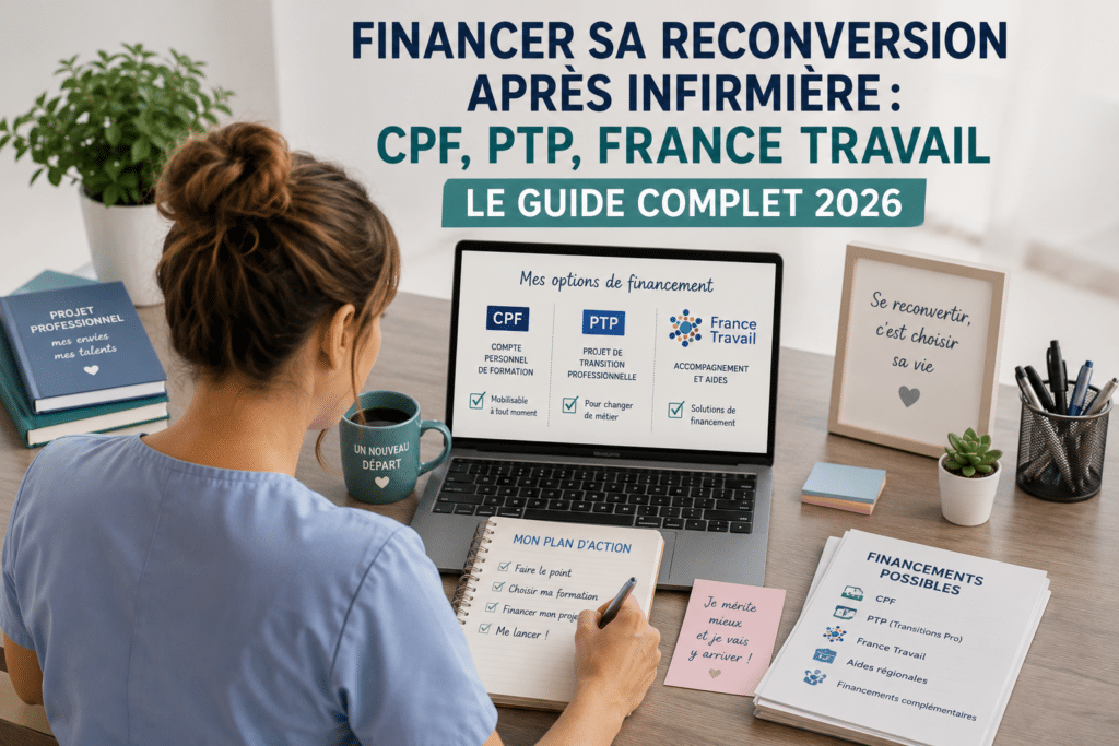 Financer sa reconversion après infirmière : CPF, PTP, France Travail — Le guide complet 2026