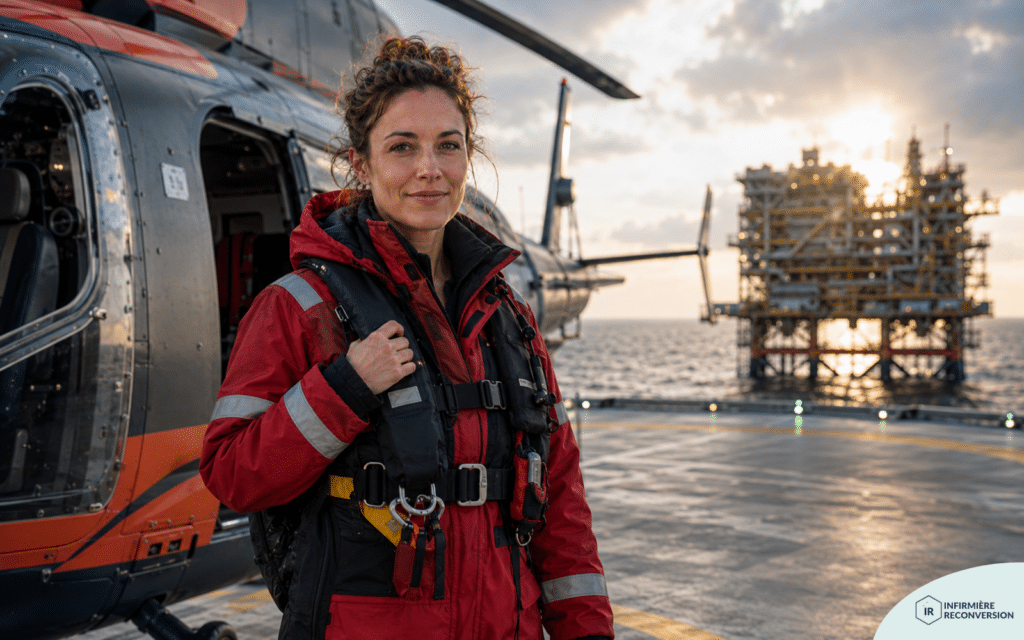 infirmière sort de l'hélicoptère sur la plateforme pétrolière